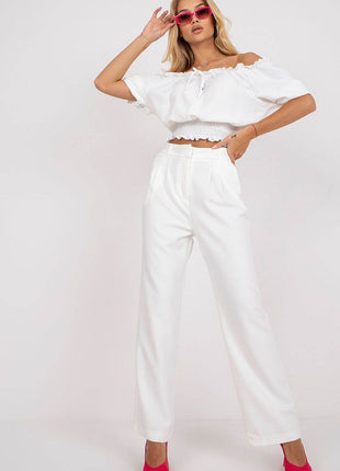 Women’s Wide-Leg Fabric Pants with Zipper & Hook-and-Loop Closure, Side Slip Pockets - MimiStylez