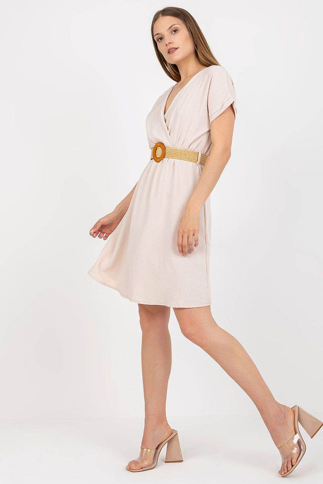 Envelope Cotton Front Dress with Short Sleeves and Braided Belt - MimiStylez