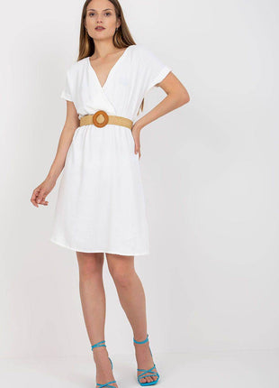Envelope Cotton Front Dress with Short Sleeves and Braided Belt - MimiStylez