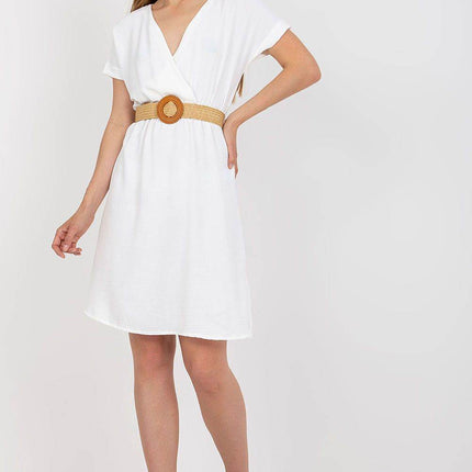 Envelope Cotton Front Dress with Short Sleeves and Braided Belt - MimiStylez