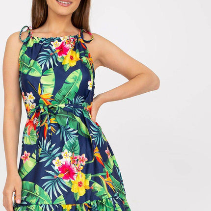 Colorful Patterned Summer Dress with Tie Straps and Waist - MimiStylez