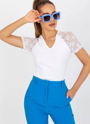 Cotton Blouse with Heart Neckline and Elegant Lace Sleeves - MimiStylez