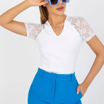 Cotton Blouse with Heart Neckline and Elegant Lace Sleeves - MimiStylez