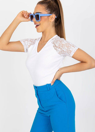 Cotton Blouse with Heart Neckline and Elegant Lace Sleeves - MimiStylez