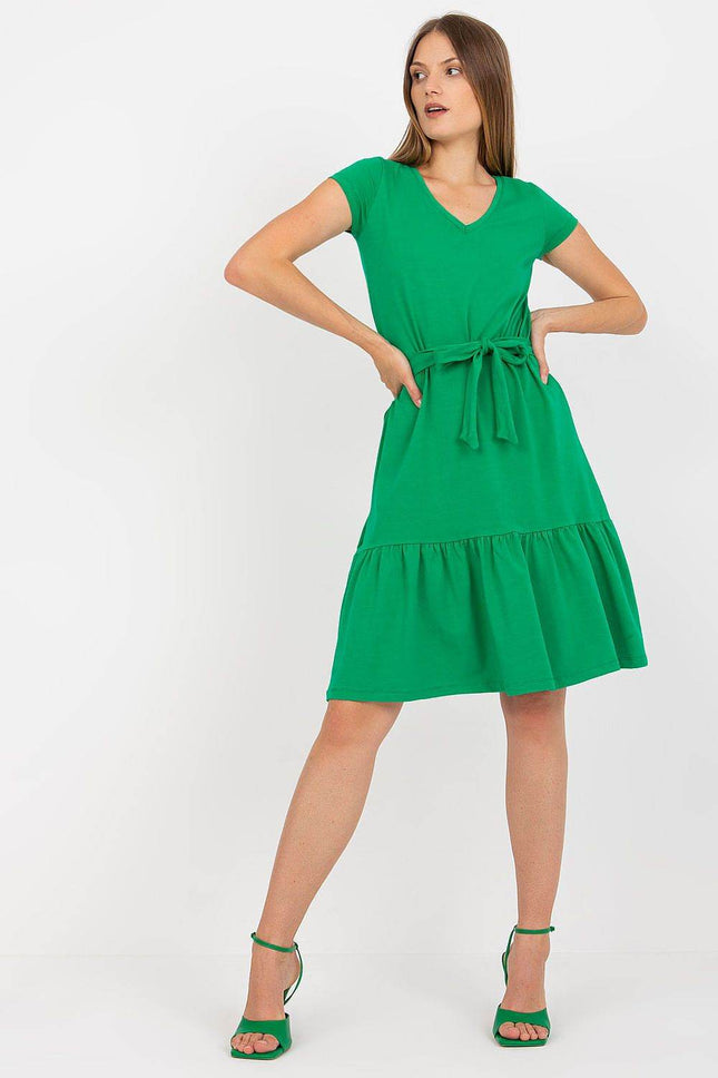 Flared Summer Cotton Dress with V-Neck and Ruffle Hem - MimiStylez