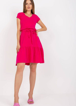 Flared Summer Cotton Dress with V-Neck and Ruffle Hem - MimiStylez