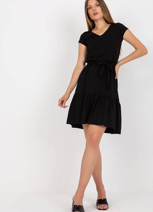 Flared Summer Cotton Dress with V-Neck and Ruffle Hem - MimiStylez