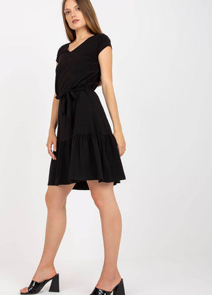 Flared Summer Cotton Dress with V-Neck and Ruffle Hem - MimiStylez