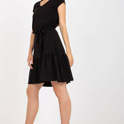 Flared Summer Cotton Dress with V-Neck and Ruffle Hem - MimiStylez