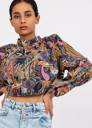 Chic Short Blouse with Long Sleeves & Stand-Up Collar - MimiStylez