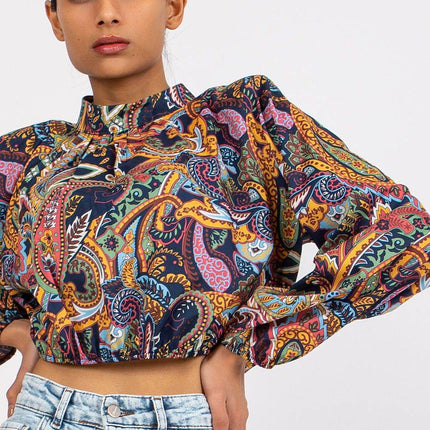 Chic Short Blouse with Long Sleeves & Stand-Up Collar - MimiStylez