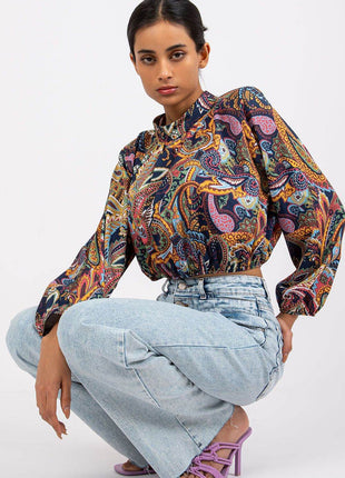 Chic Short Blouse with Long Sleeves & Stand-Up Collar - MimiStylez