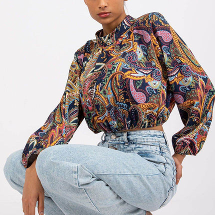 Chic Short Blouse with Long Sleeves & Stand-Up Collar - MimiStylez