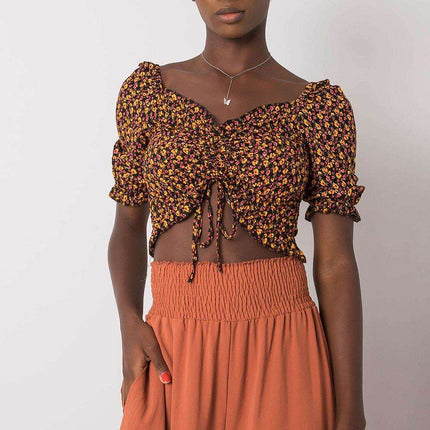 Fitted V-Neck Cotton Short Blouse with Front Tie and Creases - MimiStylez