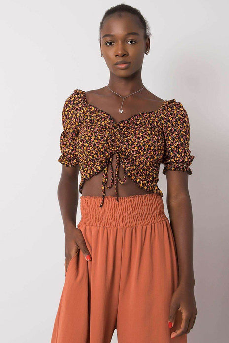 Fitted V-Neck Cotton Short Blouse with Front Tie and Creases - MimiStylez