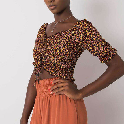 Fitted V-Neck Cotton Short Blouse with Front Tie and Creases - MimiStylez