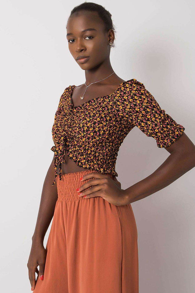 Fitted V-Neck Cotton Short Blouse with Front Tie and Creases - MimiStylez