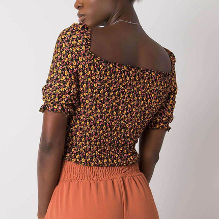 Fitted V-Neck Cotton Short Blouse with Front Tie and Creases - MimiStylez