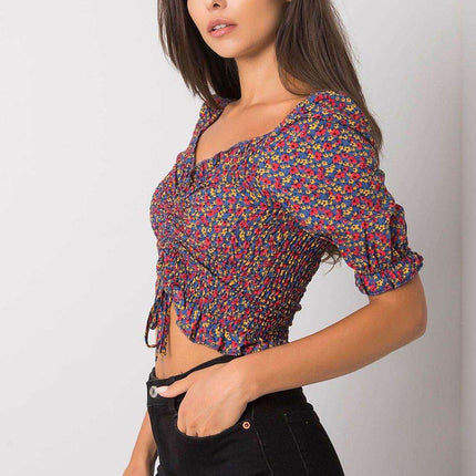 Fitted Short Cotton Blouse with V-Neck and Front Tie Detail - MimiStylez