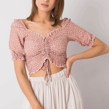 Fitted Short Cotton Blouse with V-Neck and Front Tie - MimiStylez