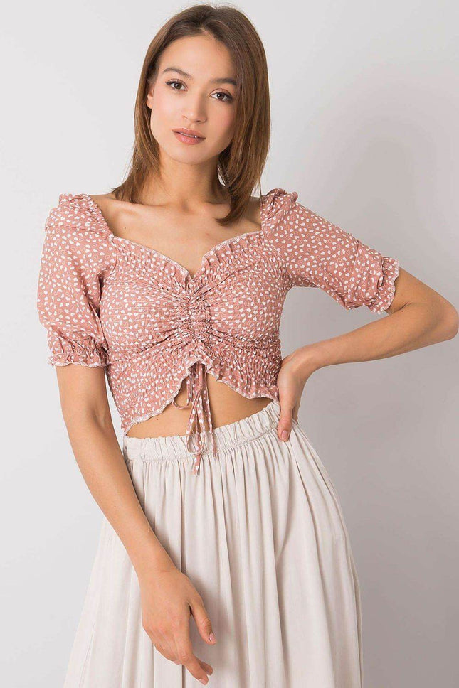 Fitted Short Cotton Blouse with V-Neck and Front Tie - MimiStylez