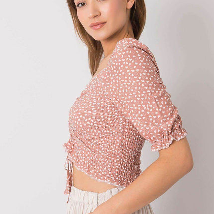 Fitted Short Cotton Blouse with V-Neck and Front Tie - MimiStylez