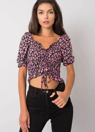 Fitted Short Cotton Blouse with V-Neck and Front Tie - MimiStylez