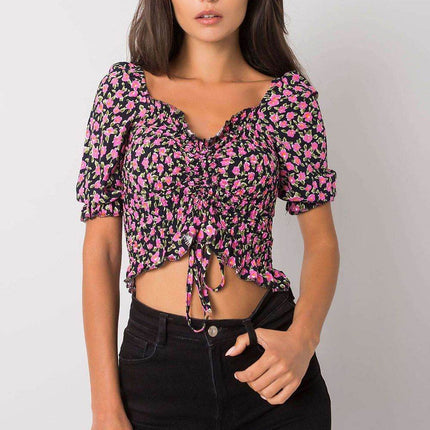 Fitted Short Cotton Blouse with V-Neck and Front Tie - MimiStylez