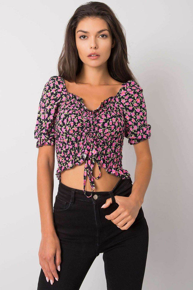 Fitted Short Cotton Blouse with V-Neck and Front Tie - MimiStylez