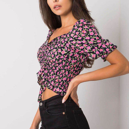 Fitted Short Cotton Blouse with V-Neck and Front Tie - MimiStylez