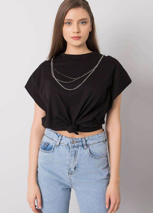 Loose-Fit Cotton Blouse with Short Sleeves and Detachable Chain - MimiStylez