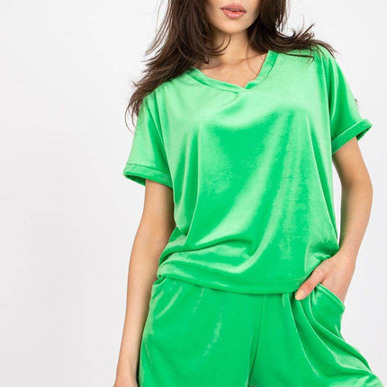 Two-Piece Cotton Set with Short Sleeve Top and High-Waisted Shorts - MimiStylez