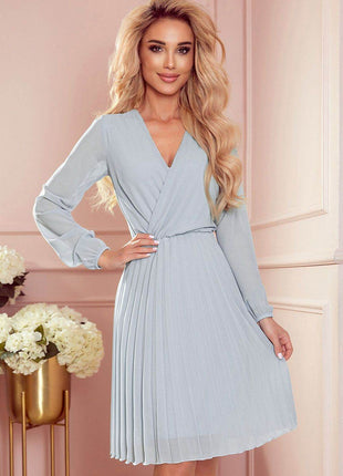 Pleated Chiffon Dress with Neckline & Long Sleeves - MimiStylez