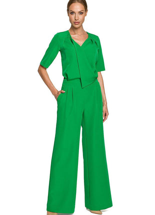 Wide-Leg Trouser Suit with Elbow-Length Sleeves and Envelope Top - MimiStylez