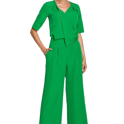 Wide-Leg Trouser Suit with Elbow-Length Sleeves and Envelope Top - MimiStylez