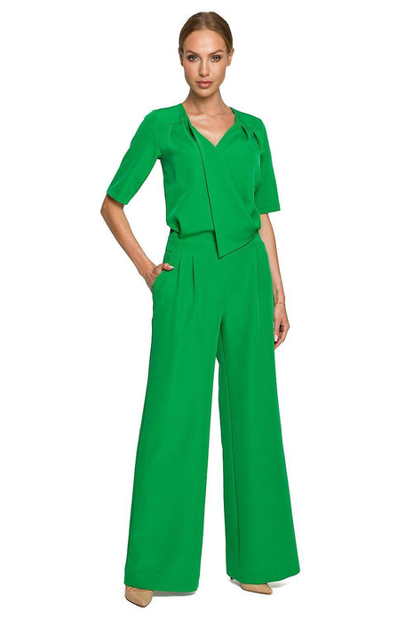 Wide-Leg Trouser Suit with Elbow-Length Sleeves and Envelope Top - MimiStylez