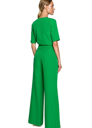 Wide-Leg Trouser Suit with Elbow-Length Sleeves and Envelope Top - MimiStylez
