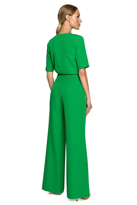 Wide-Leg Trouser Suit with Elbow-Length Sleeves and Envelope Top - MimiStylez