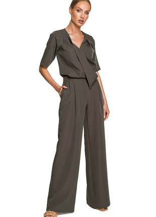 Wide-Leg Trouser Suit with Elbow-Length Sleeves and Envelope Top - MimiStylez