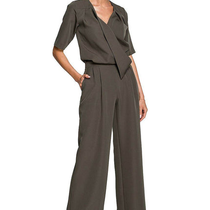Wide-Leg Trouser Suit with Elbow-Length Sleeves and Envelope Top - MimiStylez