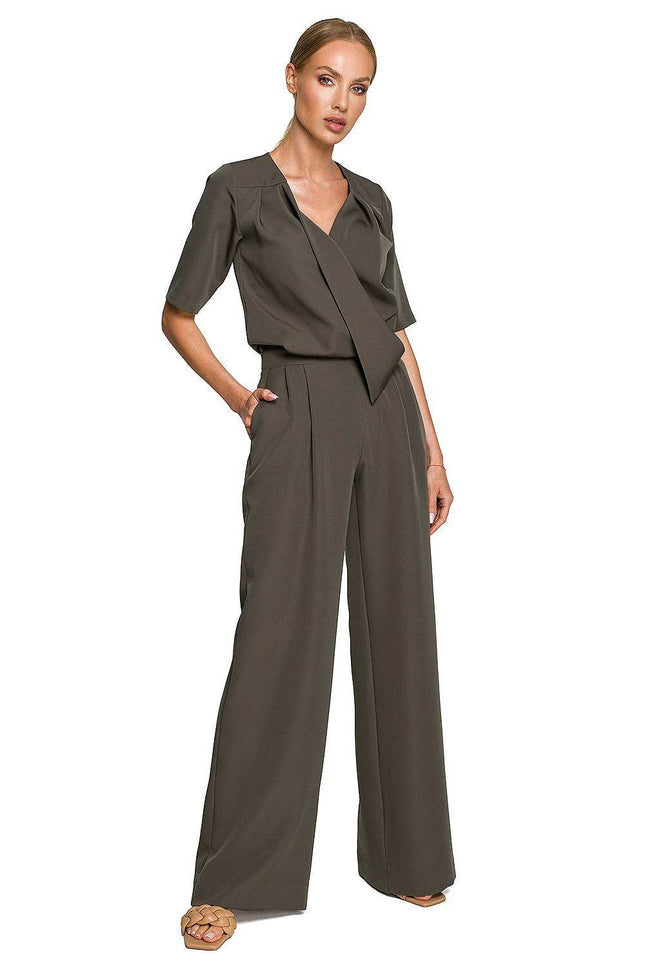 Wide-Leg Trouser Suit with Elbow-Length Sleeves and Envelope Top - MimiStylez