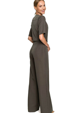 Wide-Leg Trouser Suit with Elbow-Length Sleeves and Envelope Top - MimiStylez