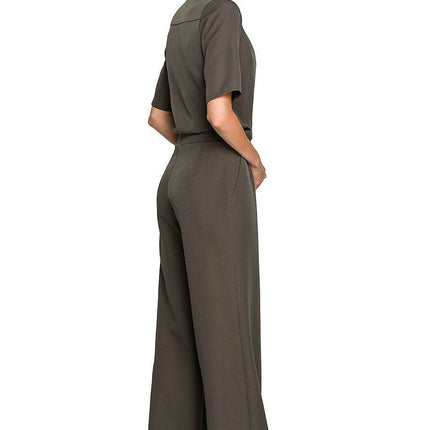 Wide-Leg Trouser Suit with Elbow-Length Sleeves and Envelope Top - MimiStylez
