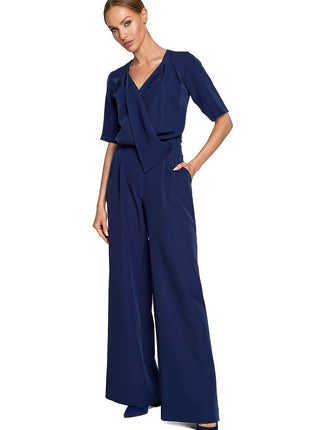Wide-Leg Trouser Suit with Elbow-Length Sleeves and Envelope Top - MimiStylez