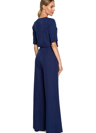 Wide-Leg Trouser Suit with Elbow-Length Sleeves and Envelope Top - MimiStylez