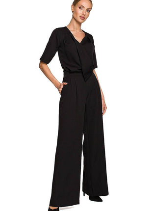 Wide-Leg Trouser Suit with Elbow-Length Sleeves and Envelope Top - MimiStylez