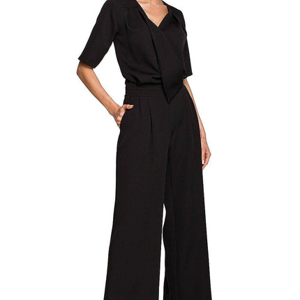Wide-Leg Trouser Suit with Elbow-Length Sleeves and Envelope Top - MimiStylez