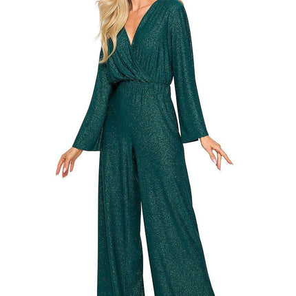 Elegant Wide-Leg Jumpsuit with Brocade Trim and Draped Overlap Neckline - MimiStylez