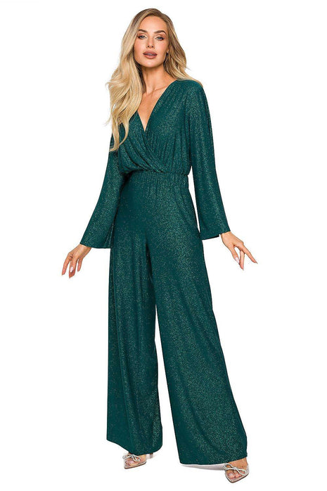 Elegant Wide-Leg Jumpsuit with Brocade Trim and Draped Overlap Neckline - MimiStylez