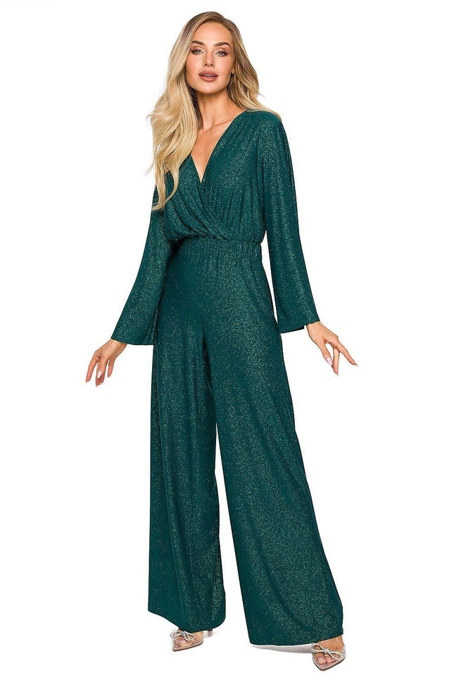 Elegant Wide-Leg Jumpsuit with Brocade Trim and Draped Overlap Neckline - MimiStylez